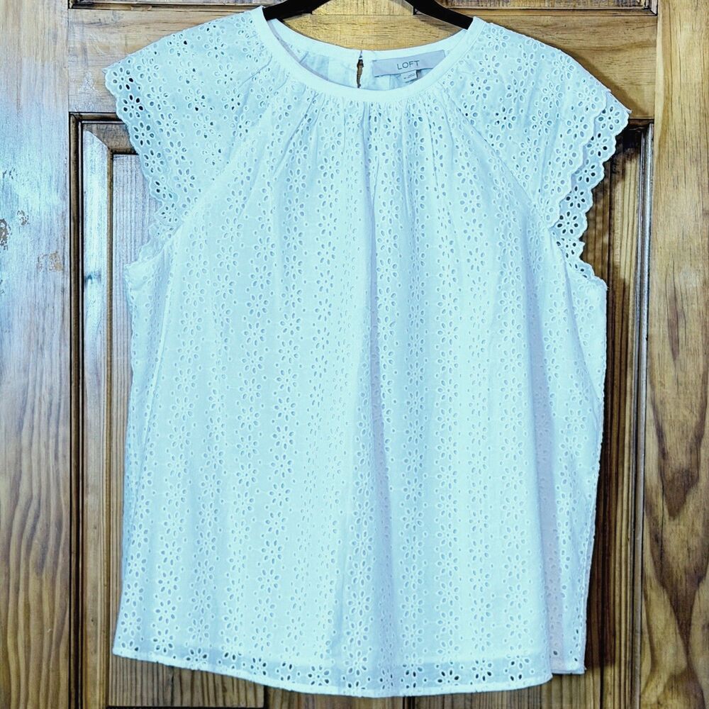 LOFT White Eyelet Blouse Flutter Sleeve Lace Top 100% Cotton NWT Women Size M